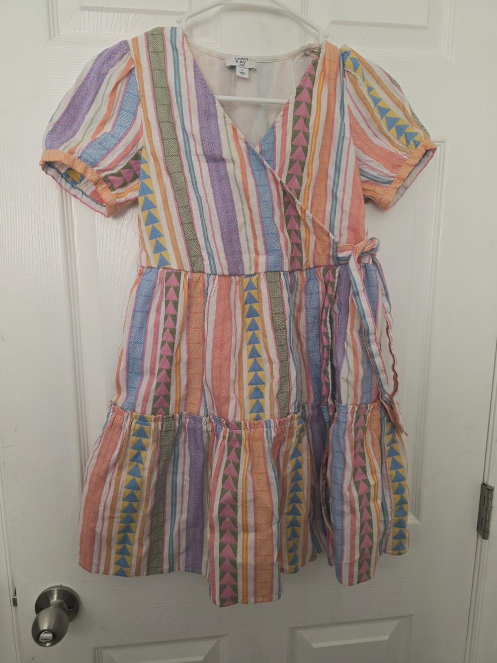 Crown & Ivy Kids Girls Size Large Multicolor Striped Jacquard Tiered Wrap Dress